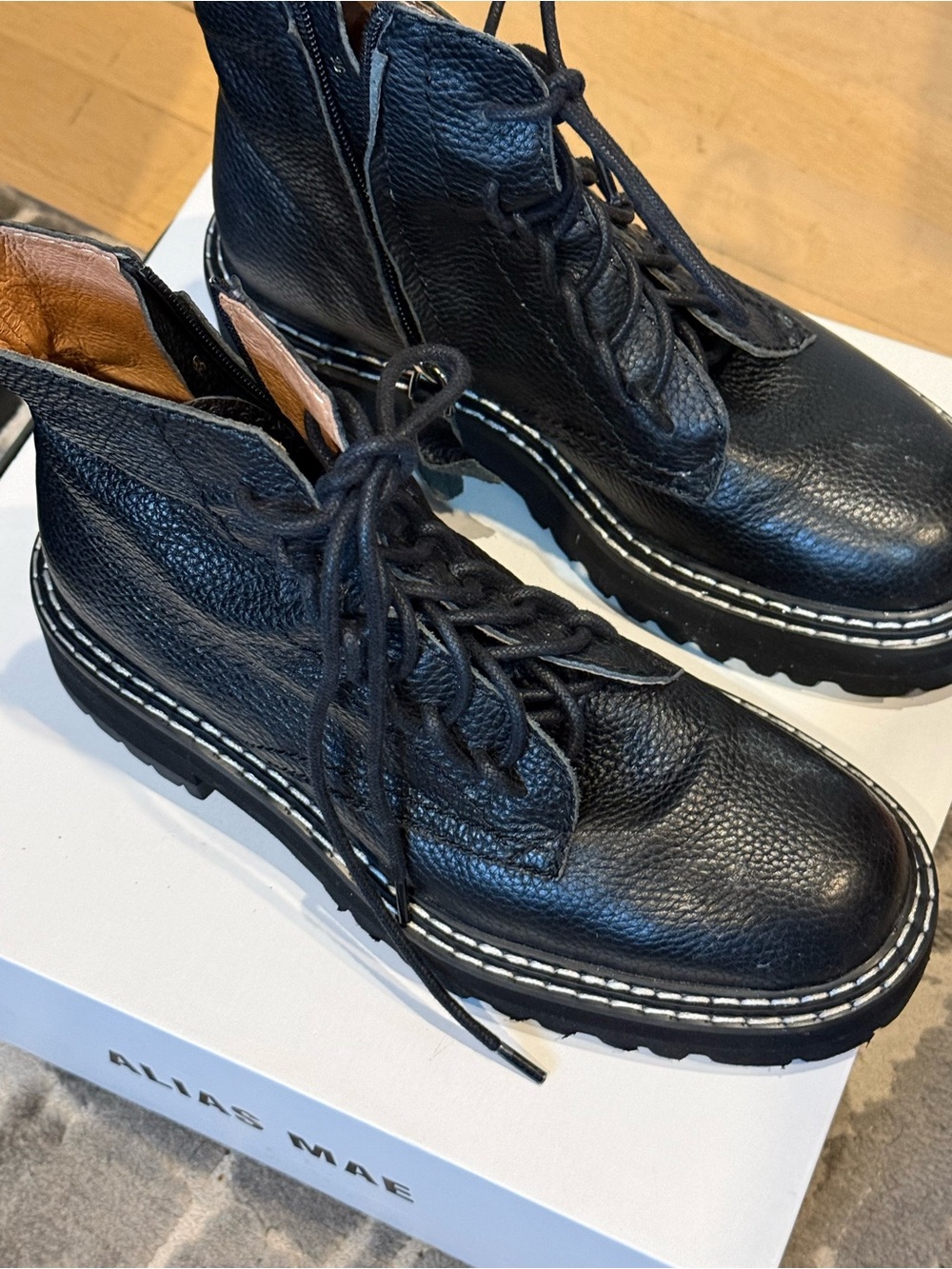 Alias Mae Black Pebbled Leather Lace-Up Combat Boots with Contrast Stitching